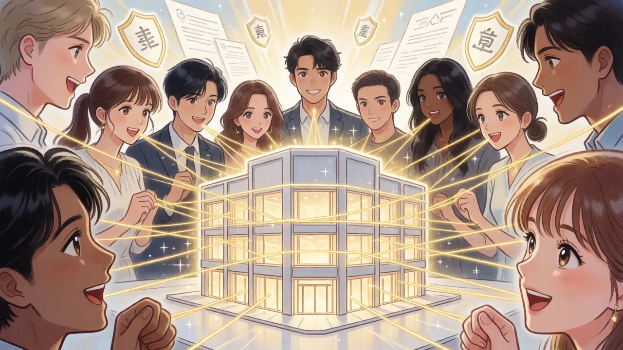 Group connected to a building model by golden threads