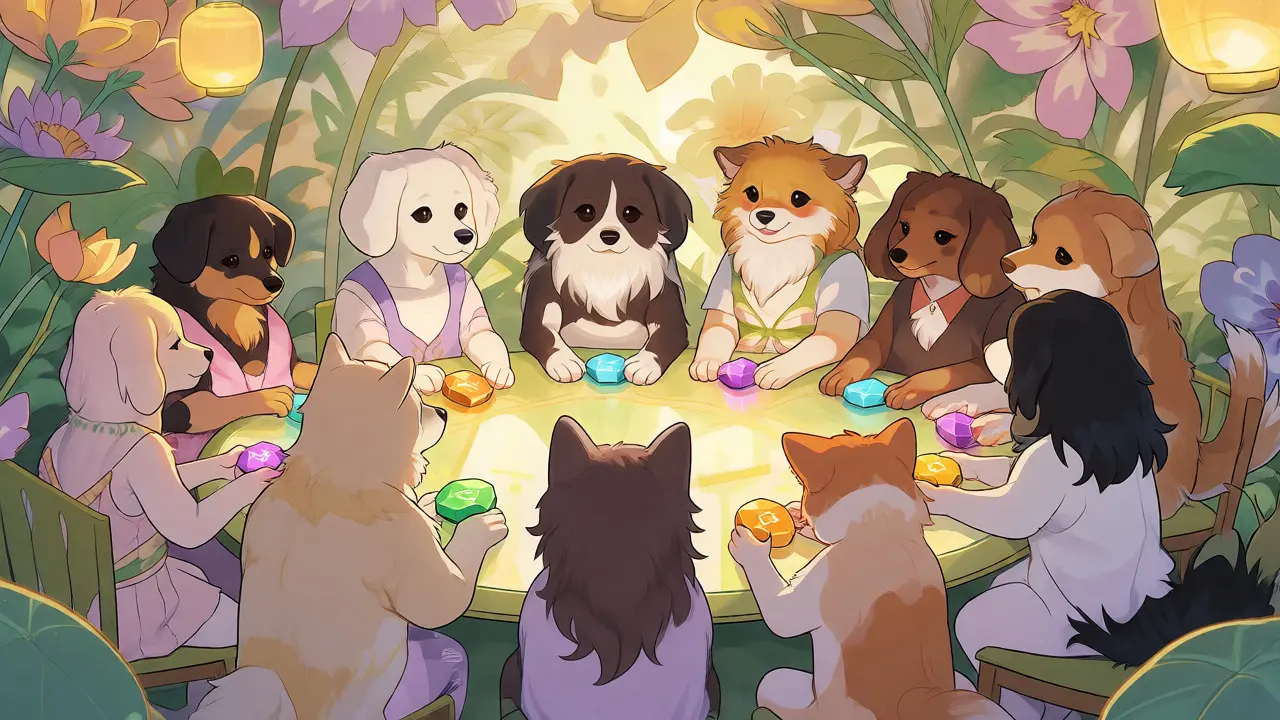 Group of anime dogs sharing colorful crypto gems