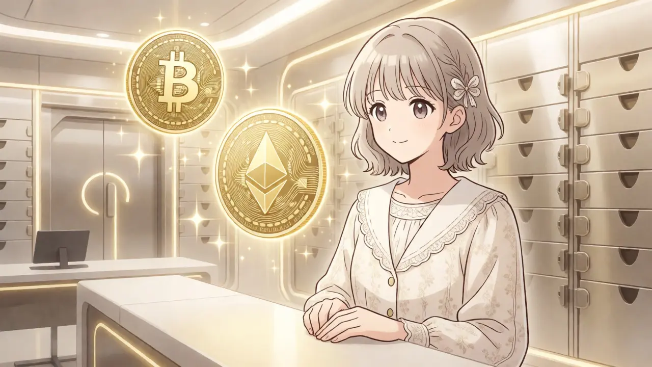 Guardian character protecting floating crypto assets in a futuristic anime-style bank vault