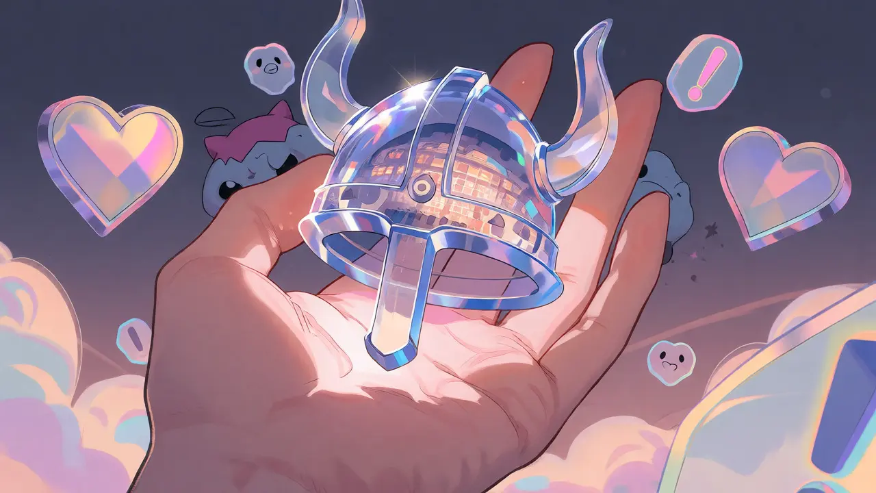 Hand holding an empty glass Viking token against a twilight background.