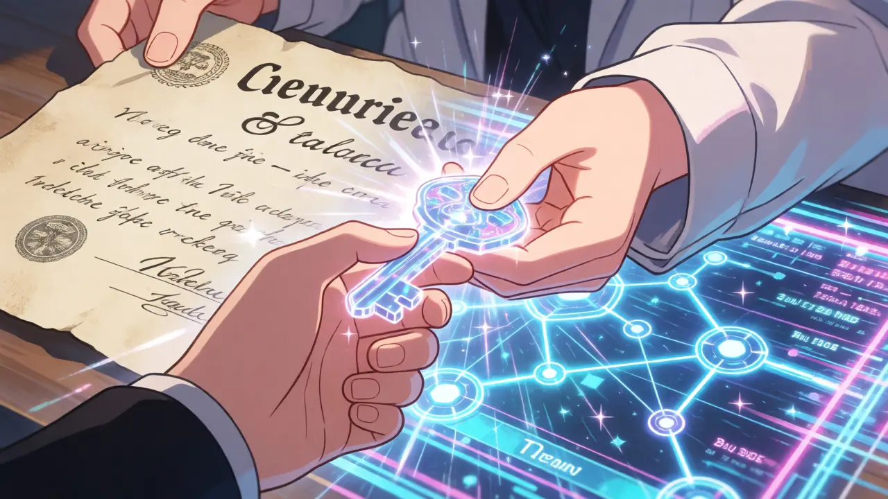 Hands exchanging a digital token replacing a paper deed