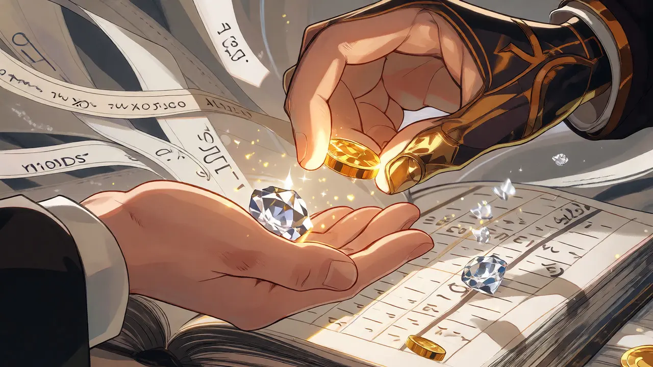 Hands exchanging digital gems as a tax authority hand takes a golden slice.