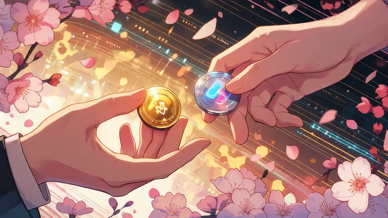 Hands exchanging glowing crypto tokens among flowers