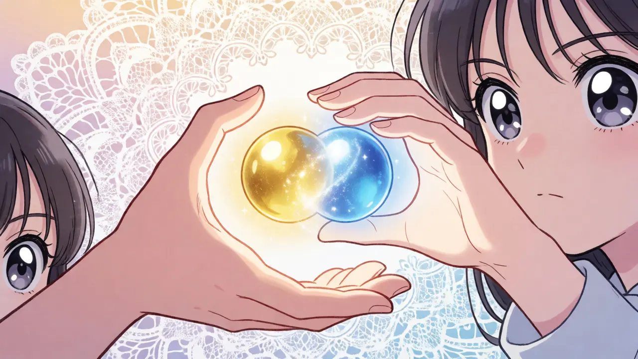Hands exchanging glowing gold and blue token orbs