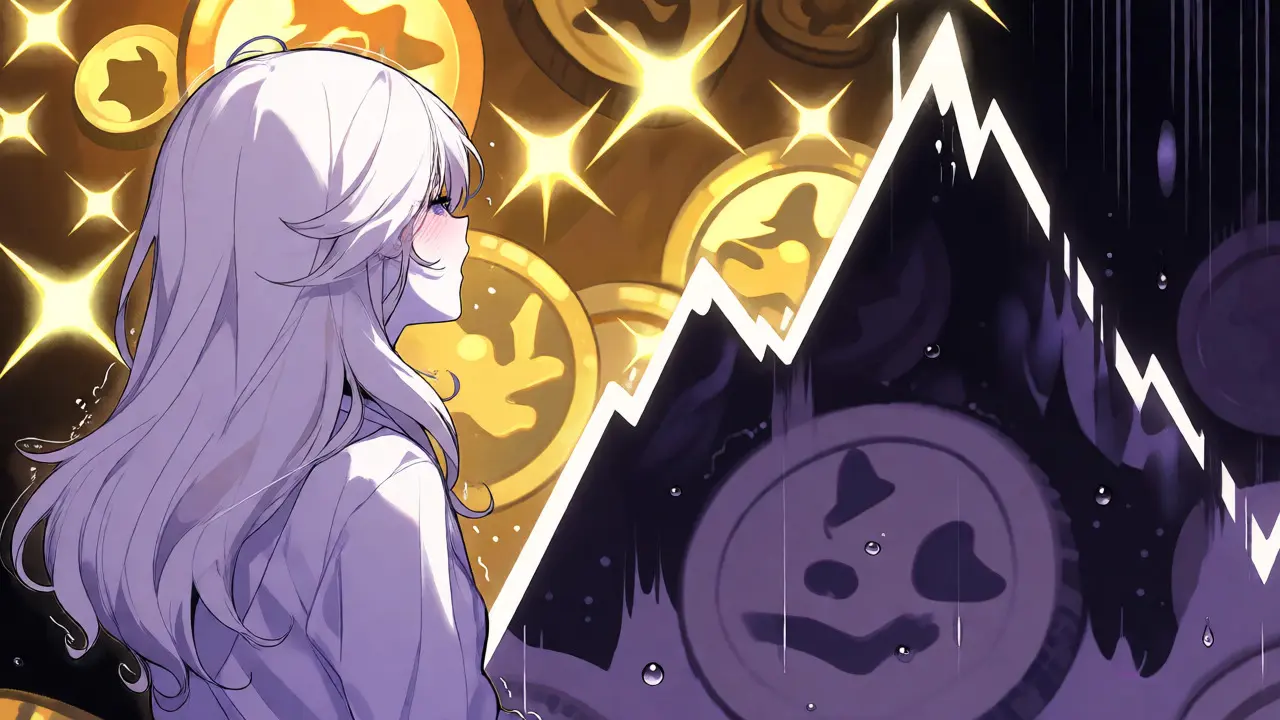 Manga character watching crypto price chart rise and fall