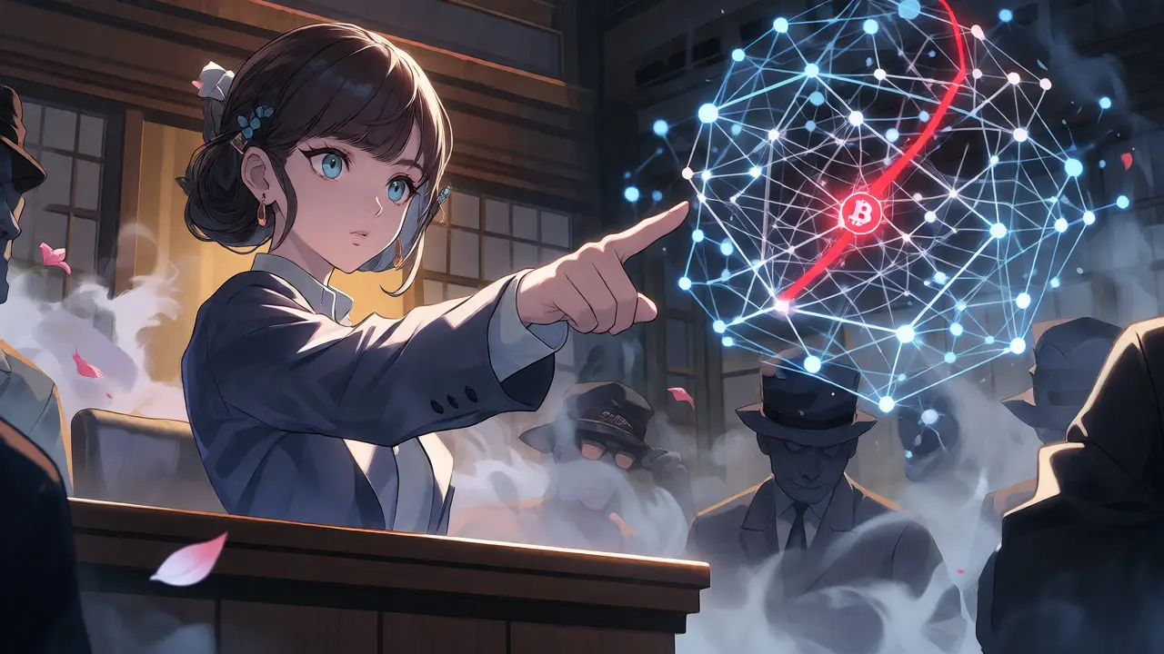 Manga protagonist analyzing a glowing blockchain transaction web in a courtroom.