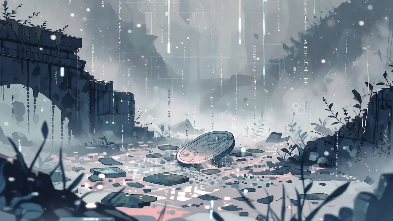 Melancholic anime landscape depicting a broken bridge and a forgotten, dusty token.