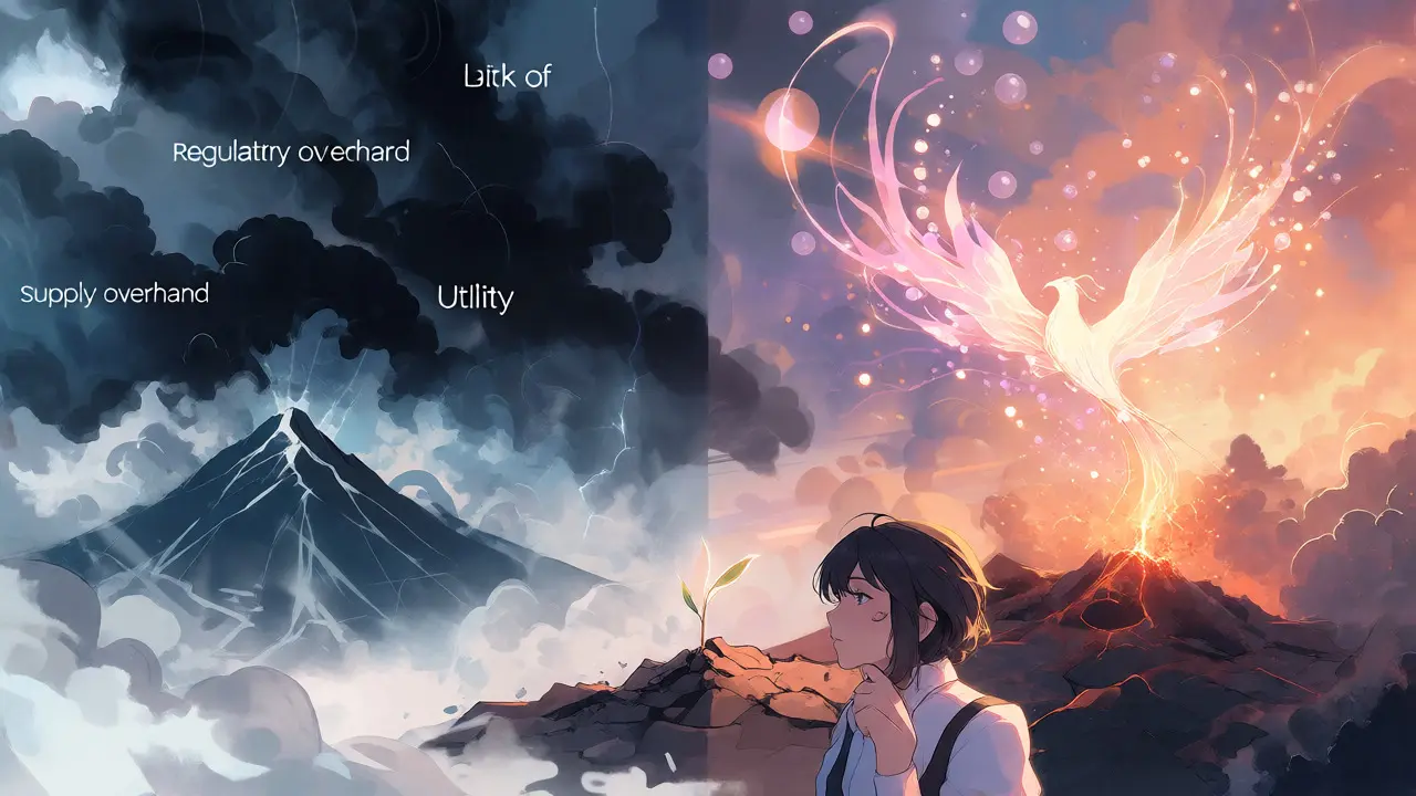 Split-scene manga art contrasting investment risks with the hopeful rise of the Phoenix coin.