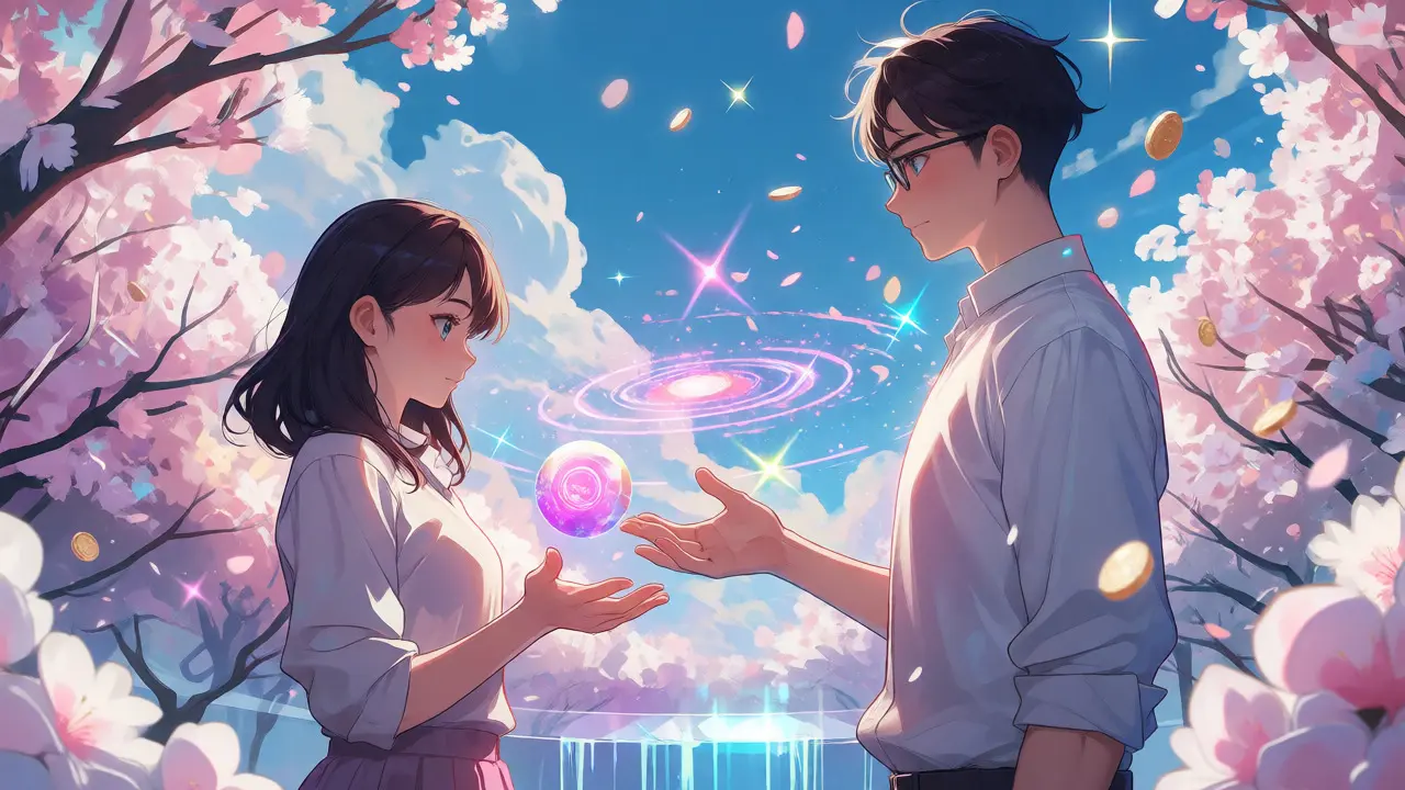 Two anime characters connecting across digital galaxies, illustrating social recovery and cross-chain compatibility.