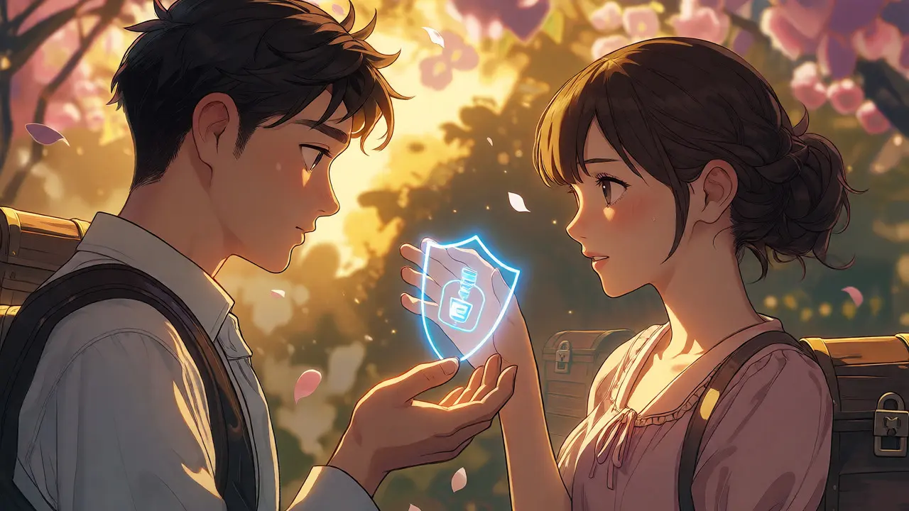 Two characters exchanging a cryptographic proof shield in a sunny garden, shoujo manga style.