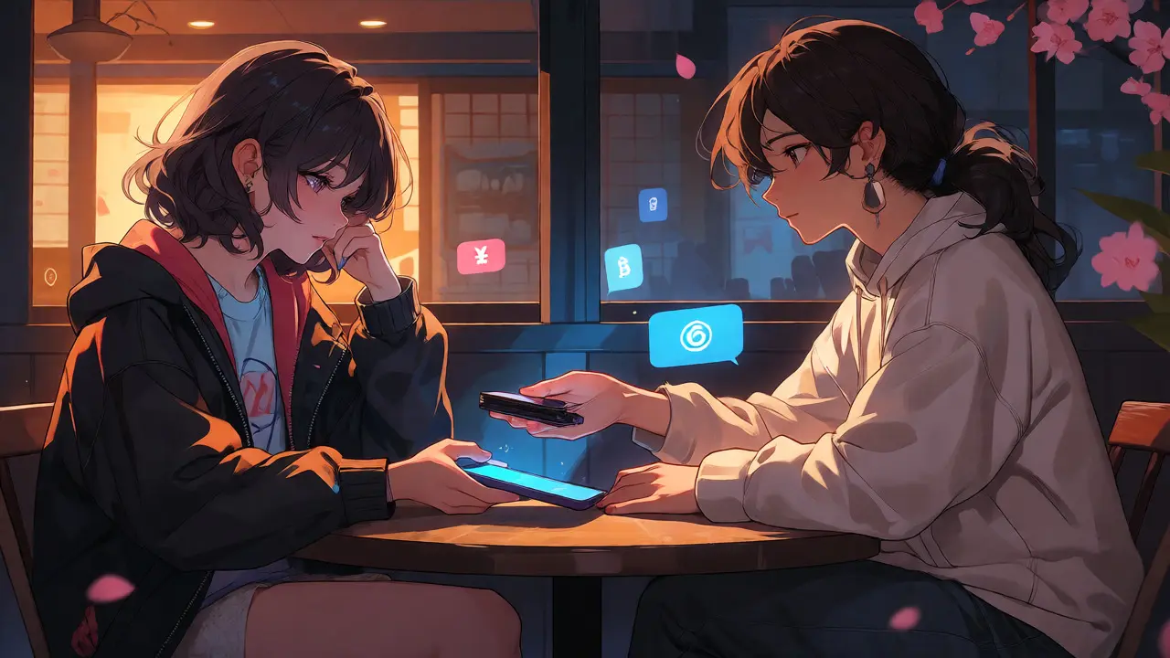 Two friends secretly exchanging crypto via OTC in a cafe, Shoujo manga art.