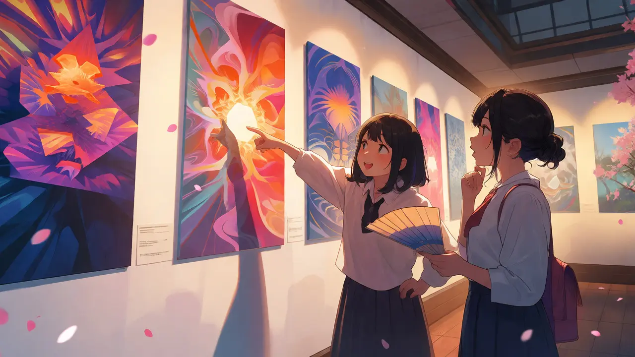 Two people viewing abstract generative art in a gallery