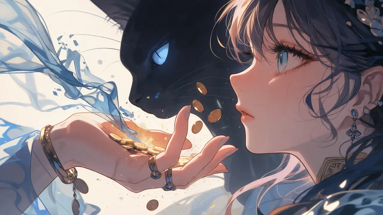 Hand reaching for dissolving gold coins against a shadowy cat silhouette and broken chart ribbons.