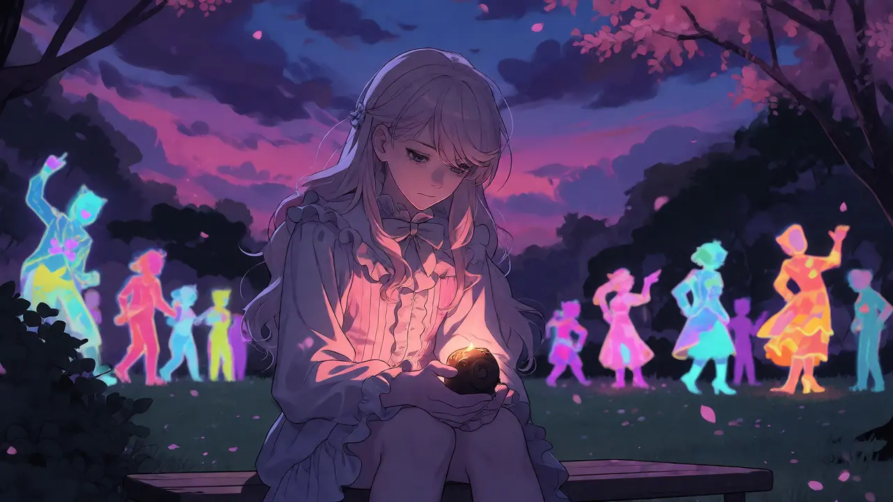 Lonely anime figure holding a dim token orb in a twilight park, isolated from vibrant crowds.